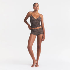 FITS EVERYBODY PICOT CAMI AND BOY SHORT SET | UMBER LEOPARD PRINT ON A MODEL FRONT VIEW