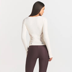 LACE KNIT LONG SLEEVE CARDIGAN | SUGAR ON A MODEL SIDE VIEW