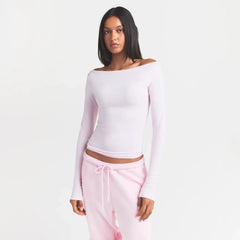 COTTON JERSEY LONG SLEEVE BOATNECK TOP | CHERRY BLOSSOM & LAYS FLAT ON A WHITE BACKGROUND | FLT