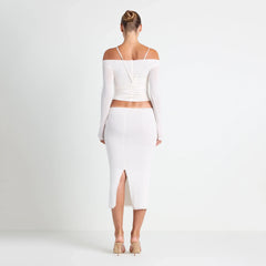 VETTESE X SKIMS SHEER MODAL OFF THE SHOULDER TOP | ECRU ON A MODEL BACK VIEW | FOCUS: 0.0, 1.0, 0.9