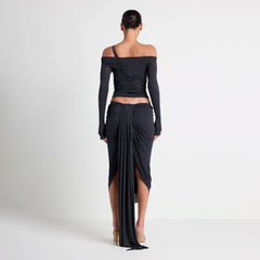 VETTESE X SKIMS SHEER MODAL OFF THE SHOULDER TOP | ONYX ON A MODEL BACK VIEW| FOCUS: 0.0, 1.0, 0.9