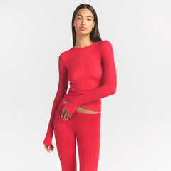 SHEER RIB LONG SLEEVE TOP | CARMINE ON A MODEL SIDE VIEW @ | FOCUS: 0.0, 1.0, 0.9