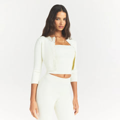 REFINED KNIT CROPPED CARDIGAN | EGRET ON A MODEL FRONT VIEW