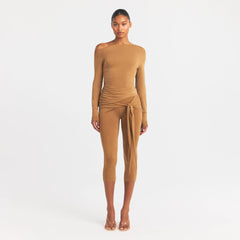 CUPRO JERSEY ASYMMETRICAL TOP | ALMOND ON A MODEL FRONT VIEW @ | FOCUS: 0.0, 1.0, 0.9