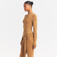 CUPRO JERSEY ASYMMETRICAL TOP | ALMOND ON A MODEL SIDE VIEW @ | FOCUS: 0.0, 1.0, 0.9