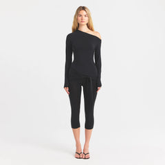 CUPRO JERSEY ASYMMETRICAL TOP | OBSIDIAN ON A MODEL FRONT VIEW @ | FOCUS: 0.0, 1.0, 0.9