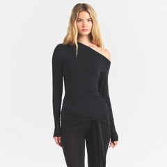 CUPRO JERSEY ASYMMETRICAL TOP | OBSIDIAN ON A MODEL SIDE VIEW @ | FOCUS: 0.0, 1.0, 0.9
