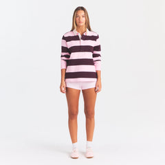 BOYFRIEND FLEECE OVERSIZED POLO | CURRANT RUGBY STRIPE ON A MODEL | FOCUS: 0.0, 1.0, 0.9
