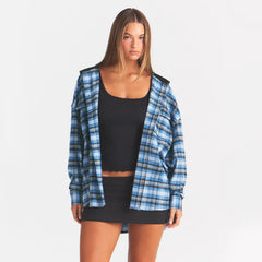 OUTDOOR FLANNEL OVERSIZED HOODED SHIRT | AZURE PLAID ON A MODEL | FOCUS: 0.0, 1.0, 0.9