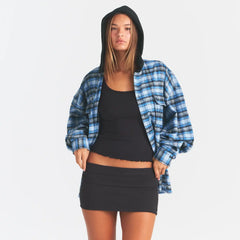 OUTDOOR FLANNEL OVERSIZED HOODED SHIRT | AZURE PLAID ON A MODEL | FOCUS: 0.0, 1.0, 0.9