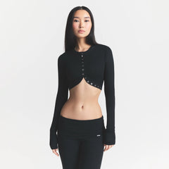 ESSENTIAL SWEATERS ROUNDED CROPPED CARDIGAN | ONYX & LAYS FLAT ON A WHITE BACKGROUND | FLT @ | FOCUS: 0.0, 1.0, 0.9