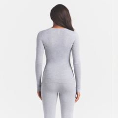 ESSENTIAL SWEATERS LONG SLEEVE V NECK | MID HEATHER GREY ON MODEL BACK VIEW | FOCUS: 0.0, 1.0, 0.9