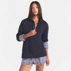 BOYFRIEND FLEECE OVERSIZED POLO | BLUE BLACK ON A MODEL | FOCUS: 0.0, 1.0, 0.9