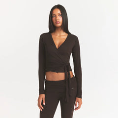 ESSENTIAL KNIT WRAP SWEATER | ESPRESSO & LAYS FLAT ON A WHITE BACKGROUND | FLT