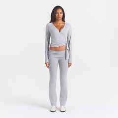 ESSENTIAL SWEATERS WRAP SWEATER | MID HEATHER GREY & LAYS FLAT ON A WHITE BACKGROUND | FLT @ | FOCUS: 0.0, 1.0, 0.9