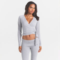 ESSENTIAL SWEATERS WRAP SWEATER | MID HEATHER GREY & LAYS FLAT ON A WHITE BACKGROUND | FLT @ | FOCUS: 0.0, 1.0, 0.9