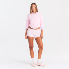 COTTON FLEECE SHRUNKEN CARDIGAN | CHERRY BLOSSOM ON A MODEL FRONT VIEW @ | FOCUS: 0.0, 1.0, 0.9