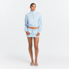 DRAPEY FRENCH TERRY HALF ZIP | POWDER BLUE ON A MODEL FRONT VIEW @ | FOCUS: 0.0, 1.0, 0.9