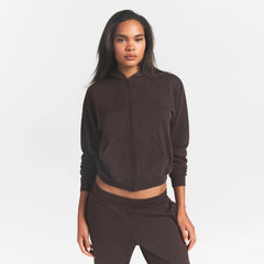 FRENCH TERRY ZIP UP HOODIE | ESPRESSO ON A MODEL SIDE VIEW @ | FOCUS: 0.0, 1.0, 0.9