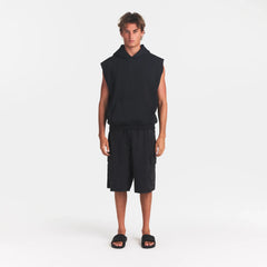 FLEECE LOUNGE MENS SLEEVELESS HOODIE | WASHED ONYX | MODEL FRONT VIEW @ | FOCUS: 0.0, 1.0, 0.9