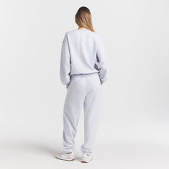 COTTON FLEECE CLASSIC CREWNECK | PLAID ARCHED LOGO PATCH ON A MODEL BACK VIEW @ | FOCUS: 0.0, 1.0, 0.9