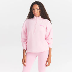 COTTON FLEECE MOCK NECK QUARTER ZIP | CHERRY BLOSSOM ON A MODEL SIDE VIEW @ | FOCUS: 0.0, 1.0, 0.9