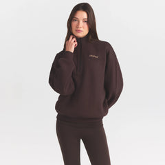 COTTON FLEECE MOCK NECK QUARTER ZIP WITH EMBOSSED LOGO | ESPRESSO ON A MODEL SIDE VIEW @ | FOCUS: 0.0, 1.0, 0.9