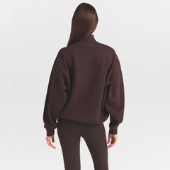 COTTON FLEECE MOCK NECK QUARTER ZIP WITH EMBOSSED LOGO | ESPRESSO ON A MODEL SIDE VIEW @ | FOCUS: 0.0, 1.0, 0.9
