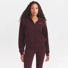 COTTON FLEECE CLASSIC ZIP UP HOODIE | CURRANT ON A MODEL SIDE VIEW @ | FOCUS: 0.0, 1.0, 0.9