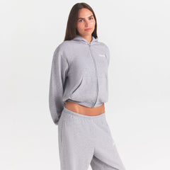 COTTON FLEECE CLASSIC ZIP UP HOODIE | HEATHER GREY ON A MODEL SIDE VIEW @ | FOCUS: 0.0, 1.0, 0.9
