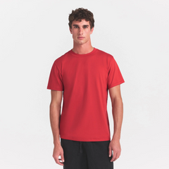 HEAVYWEIGHT COTTON MENS CLASSIC CREWNECK | WASHED RED ON A MODEL SIDE VIEW @ | FOCUS: 0.0, 1.0, 0.9