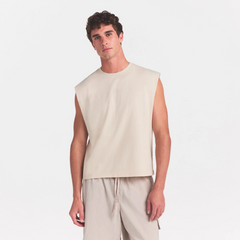 HEAVYWEIGHT COTTON MENS CROPPED MUSCLE TANK | BUFF ON A MODEL SIDE VIEW @ | FOCUS: 0.0, 1.0, 0.9