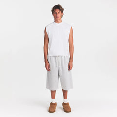 HEAVYWEIGHT COTTON MENS CROPPED MUSCLE TANK | CHALK ON A MODEL FRONT VIEW @ | FOCUS: 0.0, 1.0, 0.9
