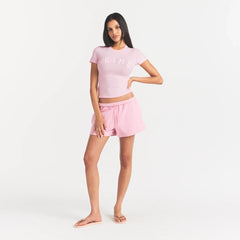 COTTON JERSEY T-SHIRT | CHERRY BLOSSOM WITH SNOW LOGO ON A MODEL FRONT VIEW @ | FOCUS: 0.0, 1.0, 0.9