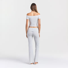 COTTON JERSEY OFF THE SHOULDER TOP | LIGHT HEATHER GREY ON A MODEL SIDE VIEW @ | FOCUS: 0.0, 1.0, 0.9