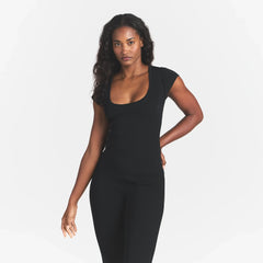 REFINED KNIT SCOOP NECK TOP | OBSIDIAN ON A MODEL FRONT VIEW @ | FOCUS: 0.0, 1.0, 0.9