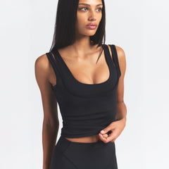 NikeSKIMS MATTE DOUBLE STRAP SCOOP TANK | OBSIDIAN ON A MODEL FRONT VIEW @ | FOCUS: 0.0, 1.0, 0.9