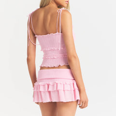 SHEER KNIT RUFFLE CAMI | PEONY ON A MODEL BACK VIEW @ | FOCUS: 0.0, 1.0, 0.9