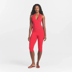 SMOOTH LAYERS HALTER TOP | CARMINE ON A MODEL FRONT VIEW @ | FOCUS: 0.0, 1.0, 0.9