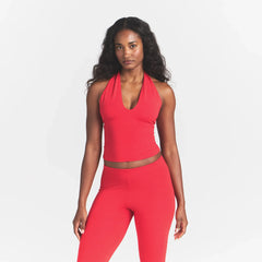 SMOOTH LAYERS HALTER TOP | CARMINE ON A MODEL FRONT VIEW @ | FOCUS: 0.0, 1.0, 0.9