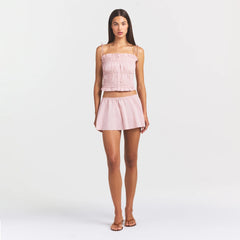 COTTON POPLIN RUFFLE CAMI | DUSTY PINK ON A MODEL FRONT VIEW @ | FOCUS: 0.0, 1.0, 0.9