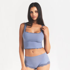 FITS EVERYBODY LACE TANK | SLATE TONAL ON A MODEL | FOCUS: 0.0, 1.0, 0.9
