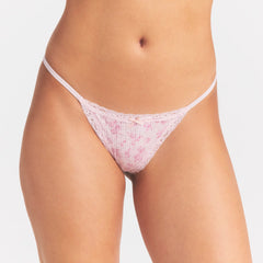 LIGHTWEIGHT COTTON POINTELLE LACE STRING THONG | BLOOM DAINTY FLORAL ON A MODEL SIDE VIEW @ | FOCUS: 0.0, 1.0, 0.9
