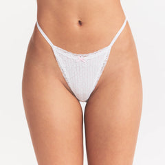LIGHTWEIGHT COTTON POINTELLE LACE STRING THONG | SNOW PEONY PIN DOT ON A MODEL SIDE VIEW @ | FOCUS: 0.0, 1.0, 0.9