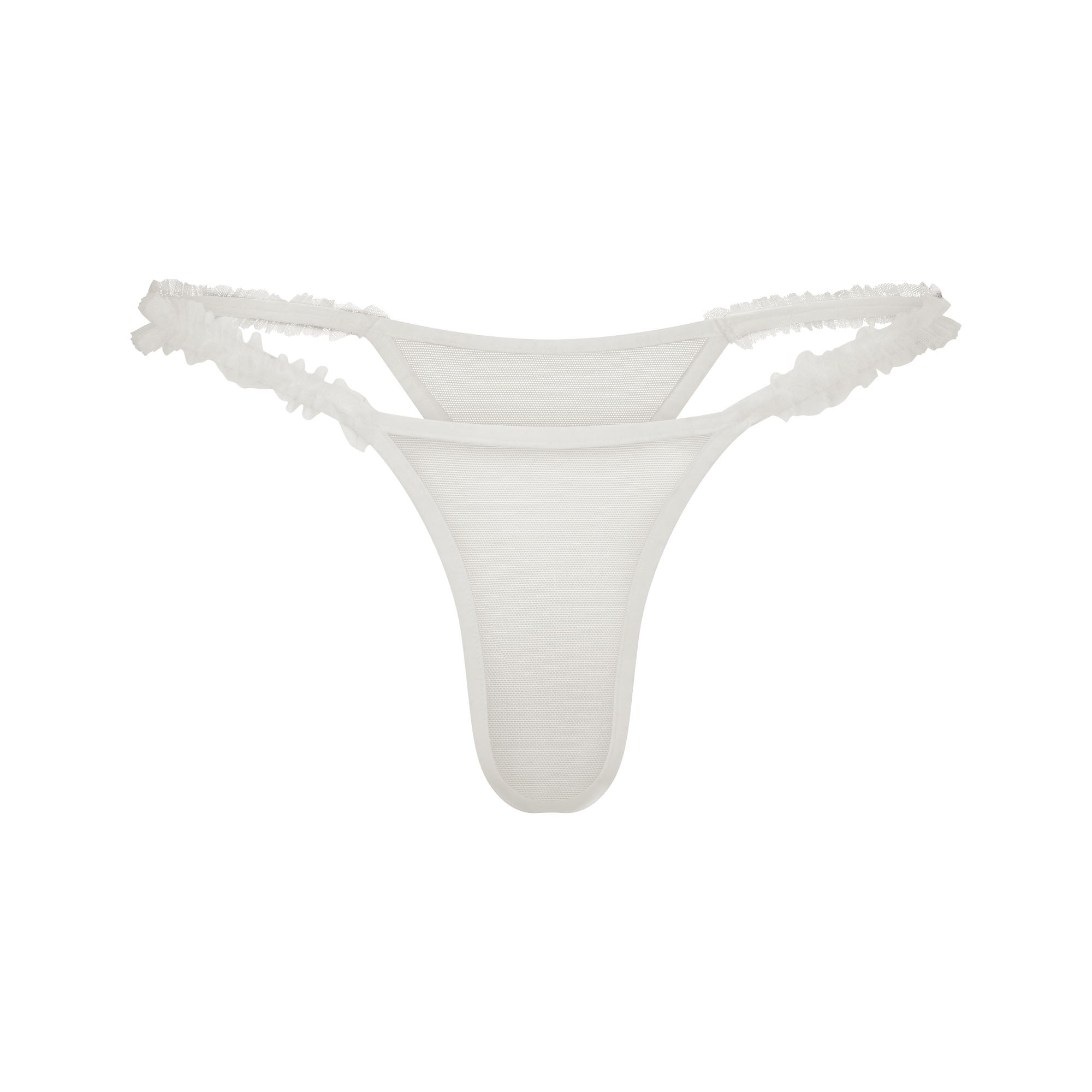 ULTRA FINE MESH RUFFLE STRING THONG | IVORY LAYS FLAT ON A WHITE BACKGROUND | FLT