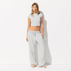 COTTON JERSEY WIDE LEG PANT | LIGHT HEATHER GREY ON A MODEL FRONT VIEW @ | FOCUS: 0.0, 1.0, 0.9
