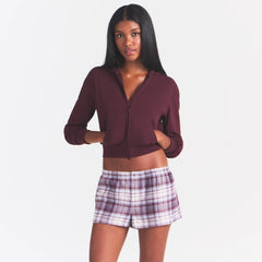 COTTON JERSEY ZIP UP HOODIE | CURRANT ON A MODEL | FOCUS: 0.0, 1.0, 0.9