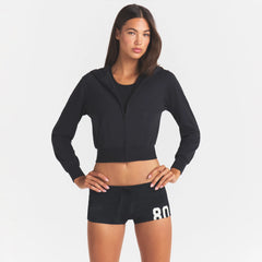 COTTON JERSEY ZIP UP HOODIE | SOOT ON A MODEL FRONT VIEW @ | FOCUS: 0.0, 1.0, 0.9