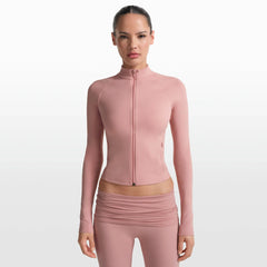 NikeSKIMS MATTE MOCK NECK FULL ZIP JACKET | HIMALAYAN ON A MODEL FRONT VIEW @ | FOCUS: 0.0, 1.0, 0.9
