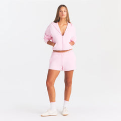 COTTON FLEECE CLASSIC ZIP UP HOODIE | CHERRY BLOSSOM ON A MODEL FRONT VIEW @ | FOCUS: 0.0, 1.0, 0.9